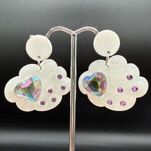 Sparkly Iridescent Acrylic Cloud Earrings with Purple Rhinestones - Pierced